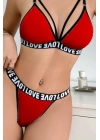 Kadın Kırmızı Love Yazı Detaylı Harness İç Çamaşır Takımı