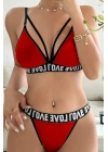 Kadın Kırmızı Love Yazı Detaylı Harness İç Çamaşır Takımı