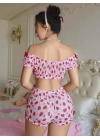 Kadın Pembe Çilek Desenli Sexy Kostüm 8014
