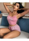 Kadın Pembe Çizgili Desen Askılı Şortlu Pijama Takım 9002