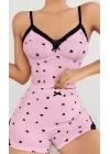 Kadın Pembe Kalp Desenli Askılı Şortlu Pijama Takım 6647
