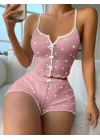 Kadın Pembe Kalpli Askılı Şortlu Pijama Takım 6654