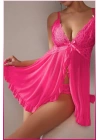 Kadın Seksi Fuşya Tül Gecelik Ve Külot Takım