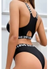 Kadın Siyah Çapraz Sırt Ve Love Lastik Detaylı Sütyen Külot Takım