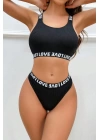 Kadın Siyah Çapraz Sırt Ve Love Lastik Detaylı Sütyen Külot Takım