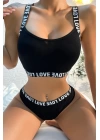 Kadın Siyah Çapraz Sırt Ve Love Yazı Detaylı Iç Çamaşır Takımı