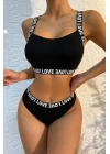 Kadın Siyah Çapraz Sırt Ve Love Yazı Detaylı Iç Çamaşır Takımı