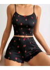 Kadın Siyah Çilek Desenli Seksi Gecelik Takım 6644