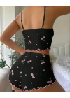 Kadın Siyah Kiraz Desenli Seksi Gecelik Takım 9003