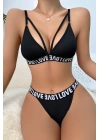 Kadın Siyah Love Yazı Detaylı Harness İç Çamaşır Takımı