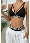 Kadın Siyah Love Yazı Detaylı Harness İç Çamaşır Takımı