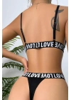Kadın Siyah Love Yazı Detaylı Harness İç Çamaşır Takımı