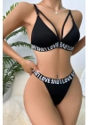 Kadın Siyah Love Yazı Detaylı Harness İç Çamaşır Takımı