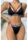 Kadın Siyah Love Yazı Detaylı Harness İç Çamaşır Takımı