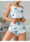 Kadınbeyaz Mavi Kalp Desenli Askılı Şortlu Pijama Takım 6657