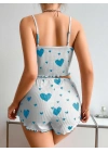 Kadınbeyaz Mavi Kalp Desenli Askılı Şortlu Pijama Takım 6657