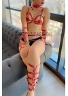 Kırmızı Deri Bacak Ve Kol Harness Detaylı Takım