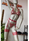 Kırmızı Deri Bdsm Fantazi Jartiyer Takım