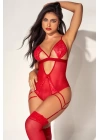 Kırmızı Tül Dantel Detaylı Fantezi Body Jartiyer Takım