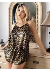 Leopar Desenli Sırt Çapraz Askılı Saten Şortlu Pijama Takımı