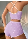 Lila Üstüne Beyaz Kalp Desenli Askılı Şortlu Pijama Takımı