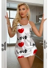 Love Desenli Beyaz Saten Gecelik
