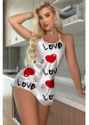 Love Desenli Beyaz Saten Gecelik