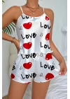 Love Desenli Beyaz Saten Şortlu Gecelik Takım