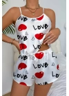 Love Desenli Beyaz Saten Şortlu Gecelik Takım