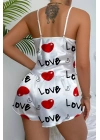 Love Desenli Beyaz Saten Şortlu Gecelik Takım