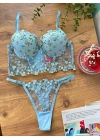 Özel Tasarım Mavi Dantel İşlemeli Çiçek Desenli Destekli Bralet Takımı
