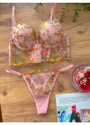 Özel Tasarım Pembe Dantel İşlemeli Çiçek Desenli Destekli Bralet Takımı