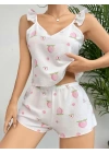Pamuklu Beyaz Üstüne Çiçek Desen Fırfır Askılı Şortlu Pijama Takımı