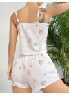 Pamuklu Beyaz Üstüne Çiçek Desen Fırfır Askılı Şortlu Pijama Takımı