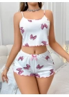 Pamuklu Beyaz Üstüne Pembe Kurdela Desenli Fitilli Askılı Şortlu Pijama Takımı