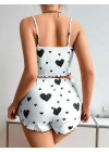 Pamuklu Beyaz Üstüne Siyah Kalp Desen Fitilli Askılı Şortlu Pijama Takımı