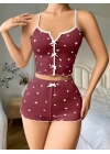 Pamuklu Kahverengi Üstüne Beyaz Kalp Desen Fitilli Askılı Şortlu Pijama Takımı