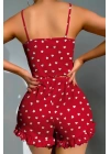 Pamuklu Kırmızı Üstüne Beyaz Kalp Desen Fitilli Askılı Şortlu Pijama Takımı
