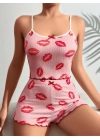 Pamuklu Kiss Öpücük Desen Pembe Şortlu Pijama Takımı