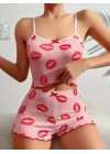 Pamuklu Kiss Öpücük Desen Pembe Şortlu Pijama Takımı