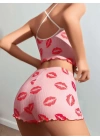 Pamuklu Kiss Öpücük Desen Pembe Şortlu Pijama Takımı