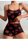 Pamuklu Kiss Öpücük Desen Siyah Fitilli Şortlu Pijama Takımı
