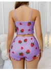 Pamuklu Lila Üstüne Çilek Desen Fitilli Askılı Şortlu Pijama Takımı