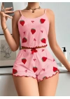 Pamuklu Pembe Üstüne Çilek Desen Fitilli Askılı Şortlu Pijama Takımı