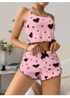 Pamuklu Pembe Üstüne Siyah Kalp Desenli Askılı Fitilli Şortlu Pijama Takımı