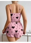 Pamuklu Pembe Üstüne Siyah Kalp Desenli Askılı Fitilli Şortlu Pijama Takımı