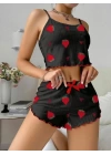 Pamuklu Siyah Üstüne Çilek Desen Fitilli Askılı Şortlu Pijama Takımı