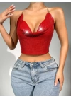 Parlak Kırmızı Crop & Bluz Kolsuz Kayık Yaka Zırh Büstiyer