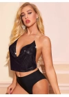 Parlak Siyah Crop & Bluz Kolsuz Kayık Yaka Zırh Büstiyer