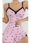 Pembe Kalp Desenli Askılı Şortlu Pijama Takım